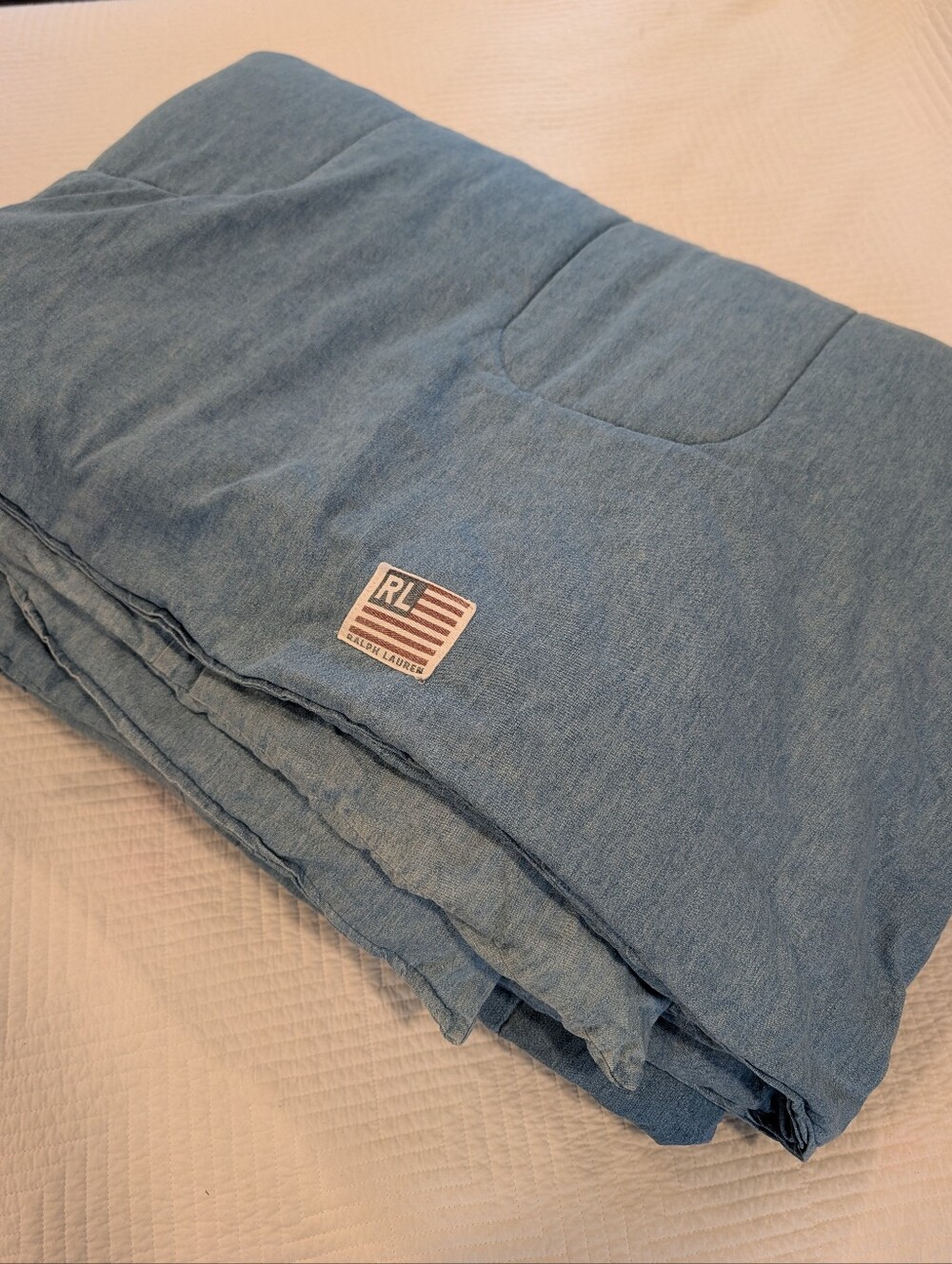 RALPH LAUREN Denim Chambray Comforter Full/Queen Bed Spread with RL Flag Patch